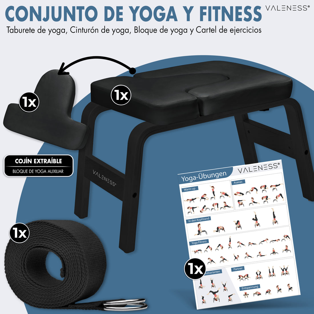 Lieferumfang Yoga- und Fitness-Set: Kopfstandhocker in Schwarz, entnehmbares Polster als zusätzlicher Yogablock, Yogagurt und Übungsposter