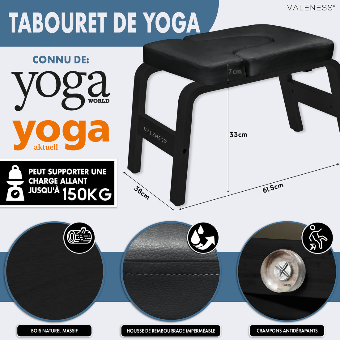 Maße des Yoga-Kopfstandhockers: 61,5 cm lang, 36 cm breit, 33 cm hoch, Polster 7 cm stark, belastbar bis 150 kg — massives Naturholz, wasserfester Polsterbezug in Schwarz und Anti-Rutsch-Noppen