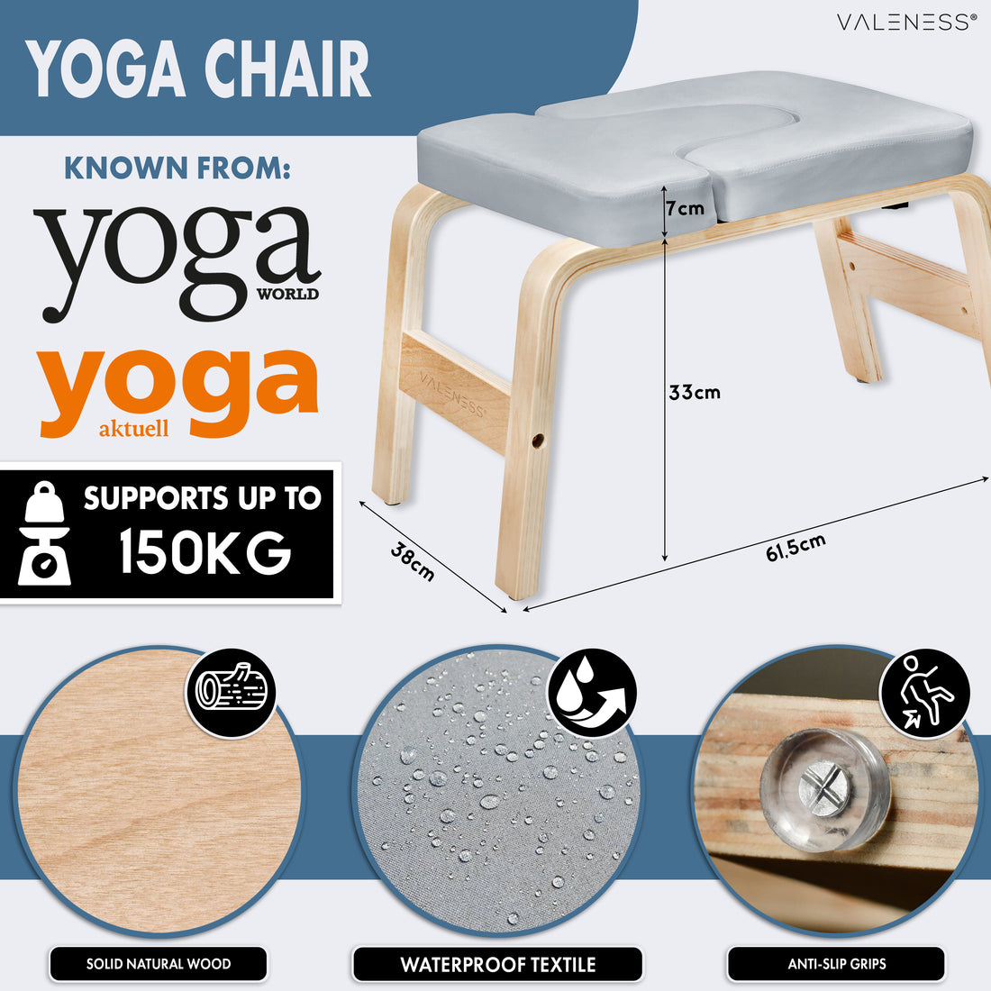 Maße des Yoga-Kopfstandhockers: 61,5 cm lang, 36 cm breit, 33 cm hoch, Polster 7 cm stark, belastbar bis 150 kg — massives Naturholz, Textilbezug in Grau und Anti-Rutsch-Noppen