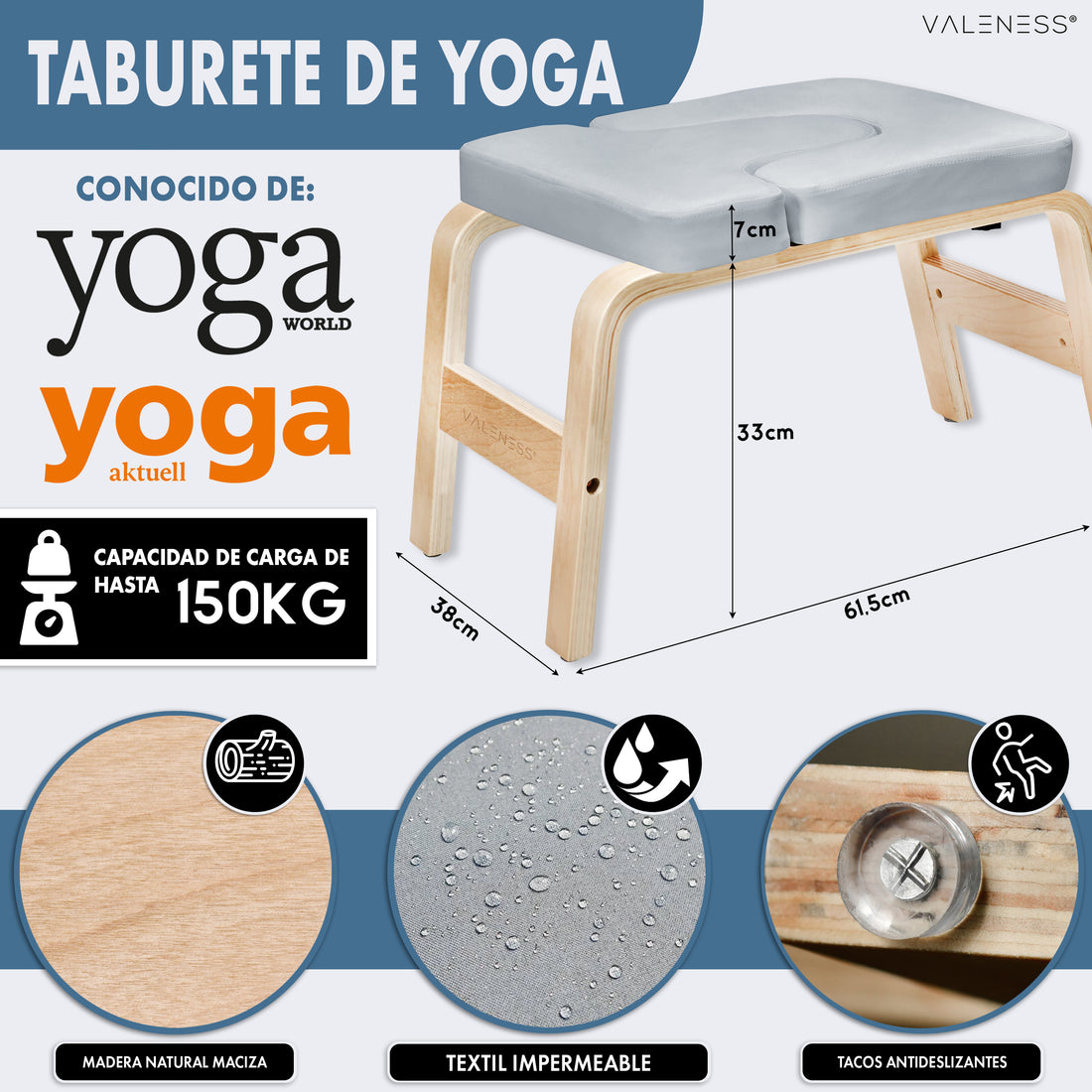 Maße des Yoga-Kopfstandhockers: 61,5 cm lang, 36 cm breit, 33 cm hoch, Polster 7 cm stark, belastbar bis 150 kg — massives Naturholz, Textilbezug in Grau und Anti-Rutsch-Noppen