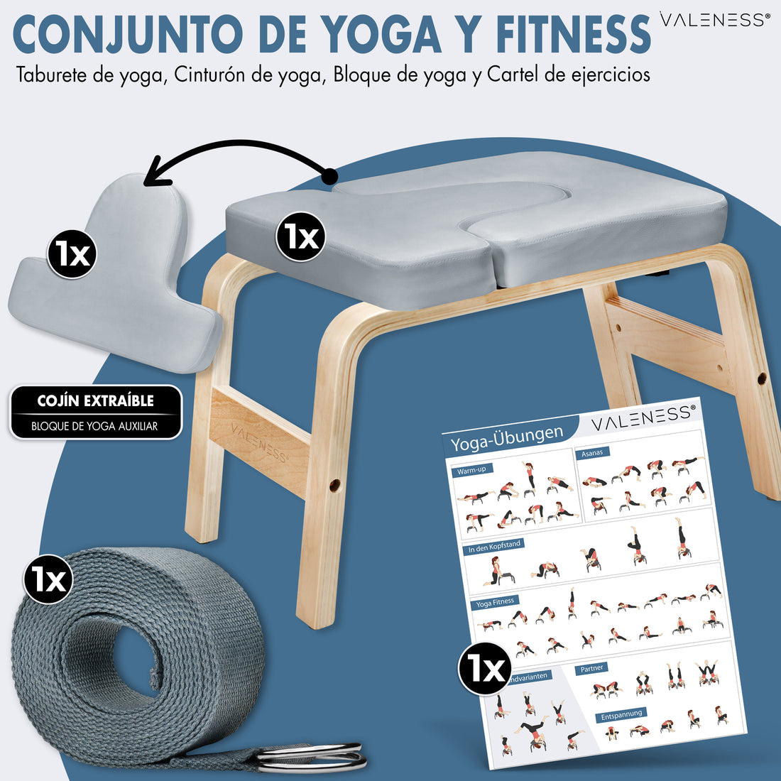 Lieferumfang Yoga- und Fitness-Set: Kopfstandhocker in Grau, entnehmbares Polster als zusätzlicher Yogablock, Yogagurt und Übungsposter