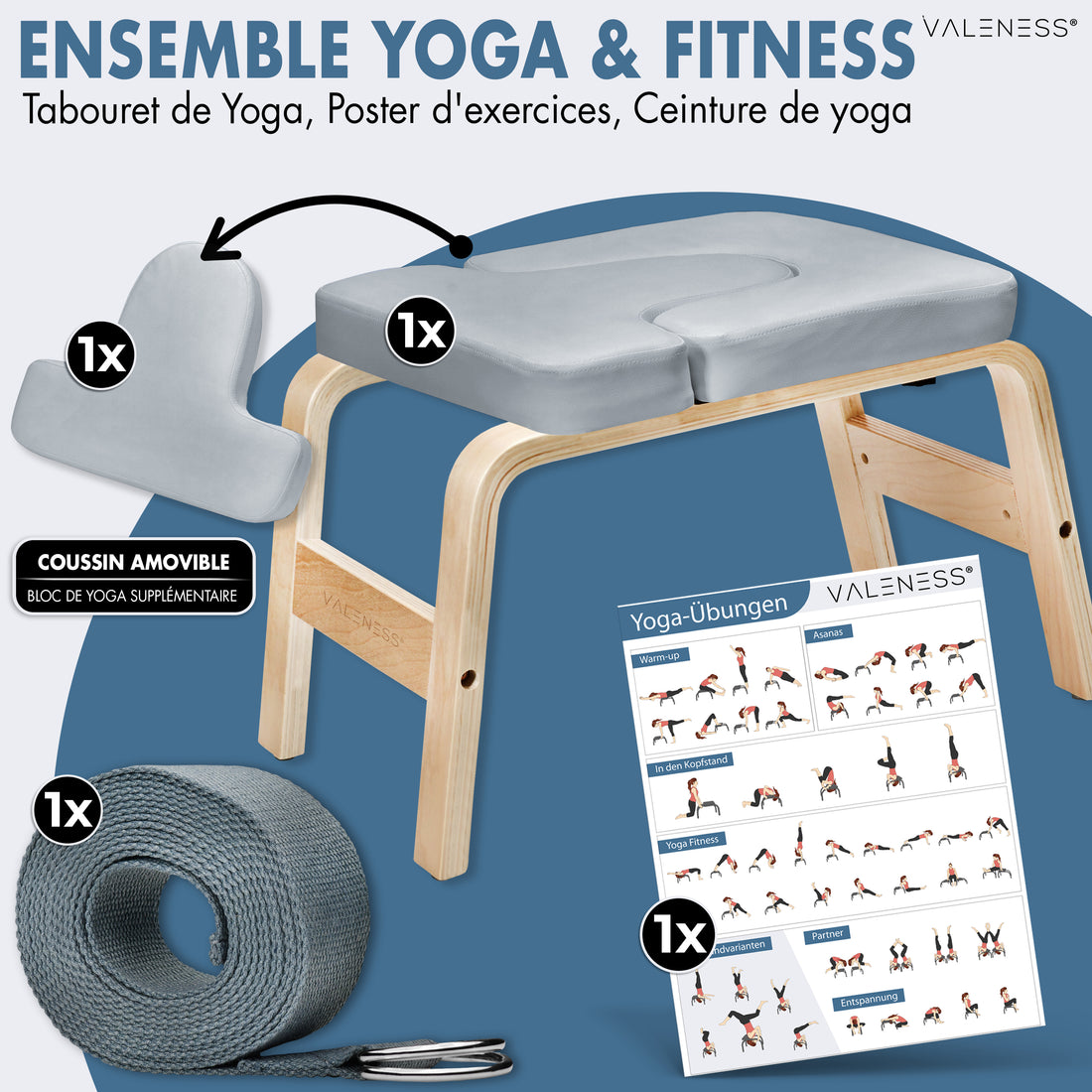 Lieferumfang Yoga- und Fitness-Set: Kopfstandhocker in Grau, entnehmbares Polster als zusätzlicher Yogablock, Yogagurt und Übungsposter
