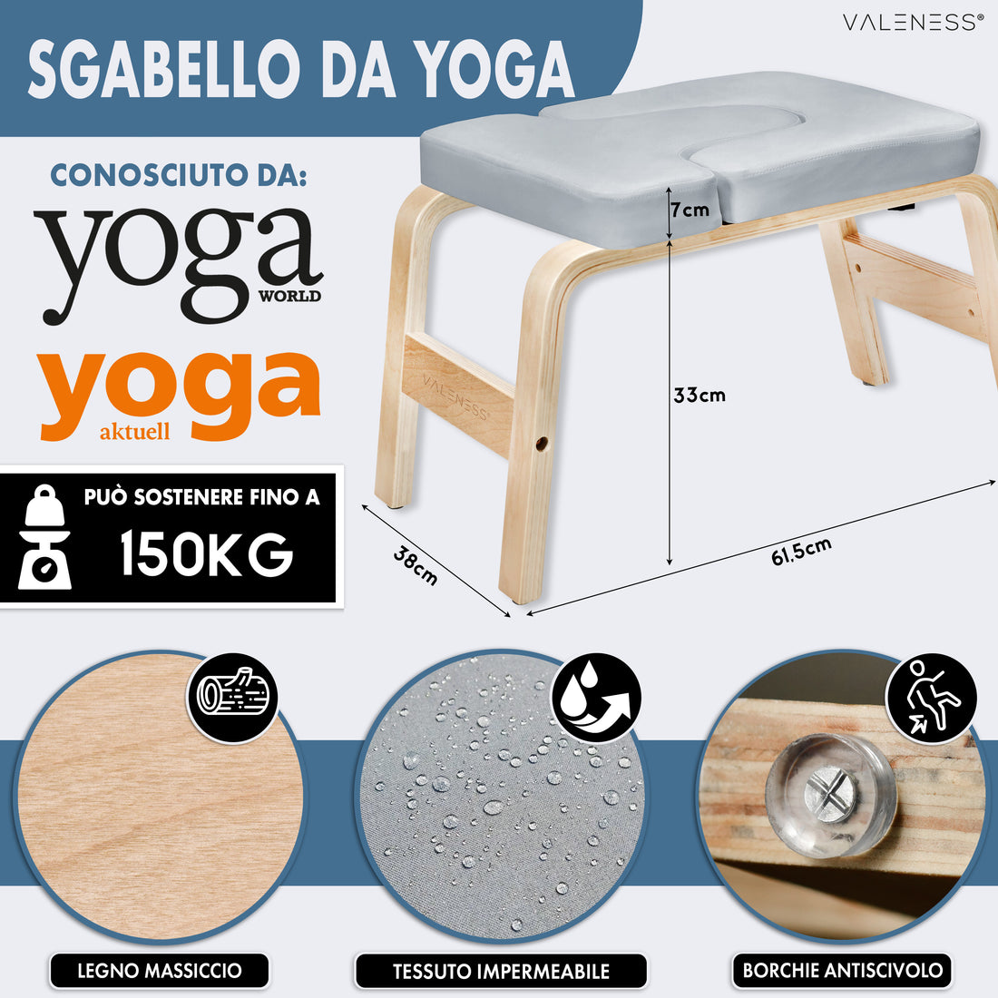 Maße des Yoga-Kopfstandhockers: 61,5 cm lang, 36 cm breit, 33 cm hoch, Polster 7 cm stark, belastbar bis 150 kg — massives Naturholz, Textilbezug in Grau und Anti-Rutsch-Noppen