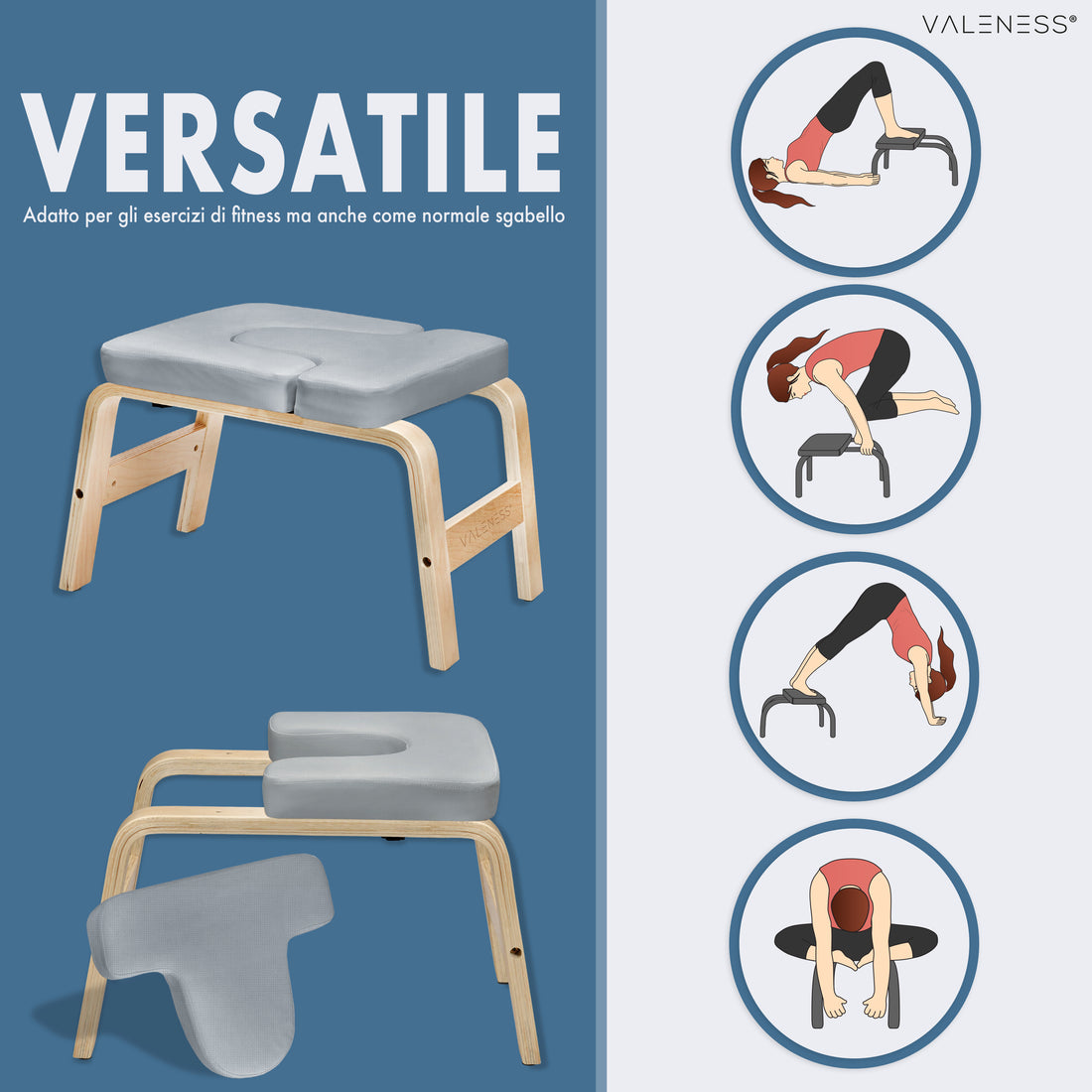 Vielseitig einsetzbar für Fitnessübungen und als normaler Hocker, mit vier Übungsbeispielen von Kopfstand bis Dehnung