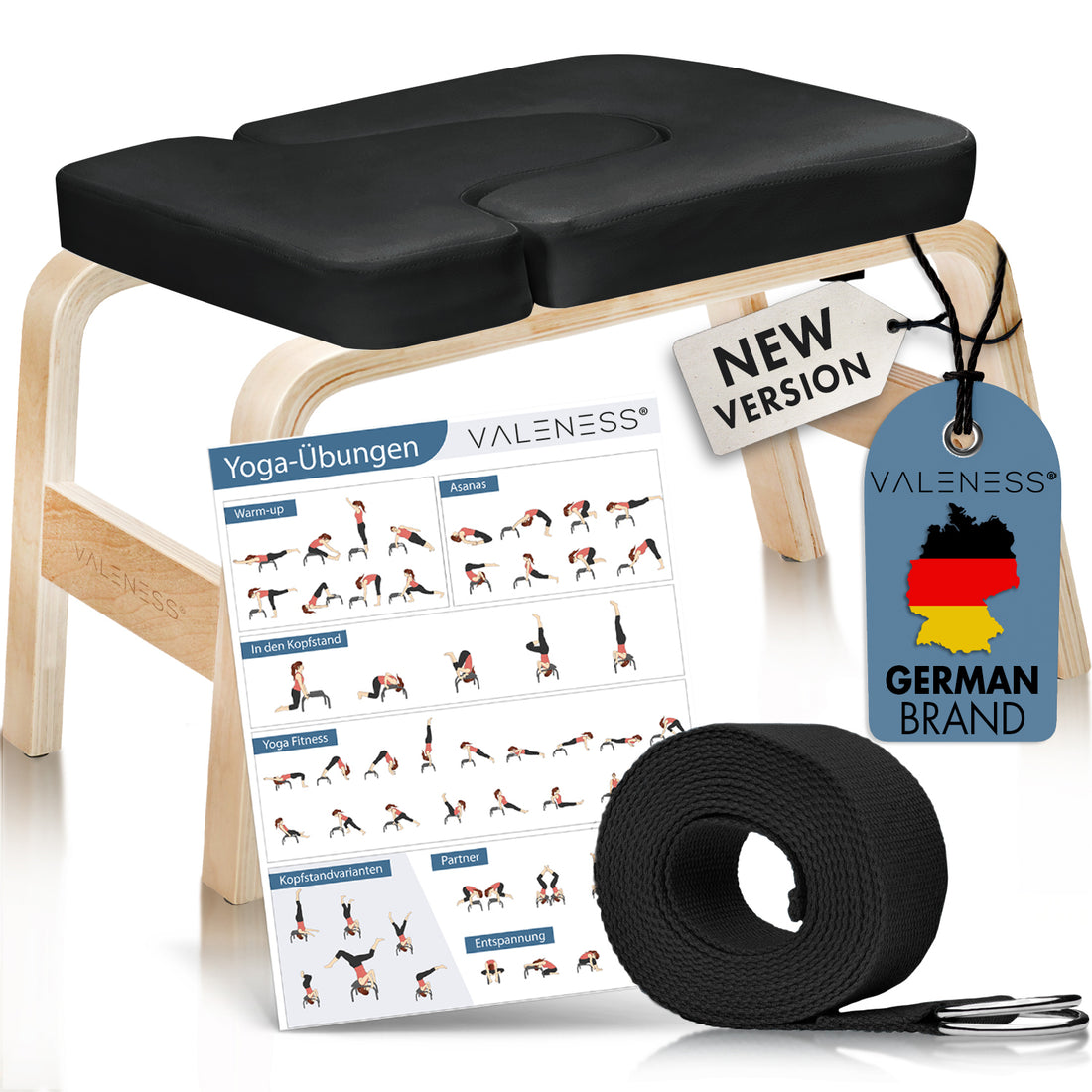 VALENESS Yoga-Kopfstandhocker aus Naturholz mit schwarzer Polsterung, Yogagurt und Übungsposter