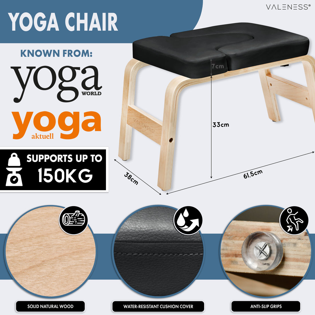 Maße des Yoga-Kopfstandhockers: 61,5 cm lang, 36 cm breit, 33 cm hoch, Polster 7 cm stark, belastbar bis 150 kg — massives Naturholz, wasserfester Polsterbezug in Schwarz und Anti-Rutsch-Noppen