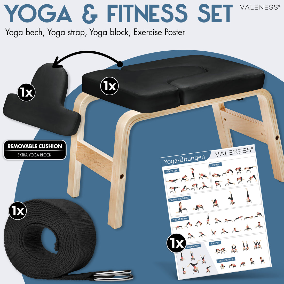 Lieferumfang Yoga- und Fitness-Set: Kopfstandhocker in Schwarz, entnehmbares Polster als zusätzlicher Yogablock, Yogagurt und Übungsposter