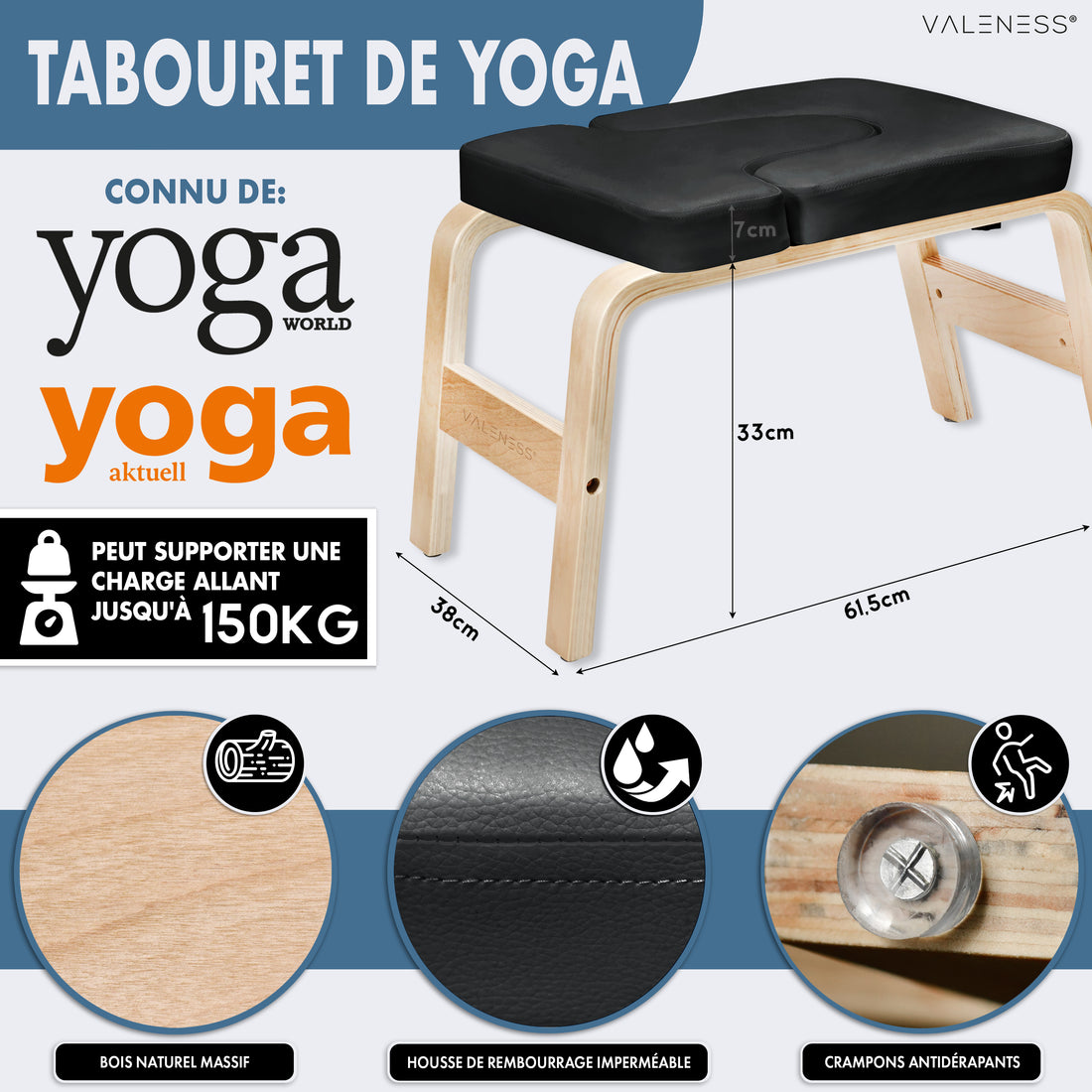 Maße des Yoga-Kopfstandhockers: 61,5 cm lang, 36 cm breit, 33 cm hoch, Polster 7 cm stark, belastbar bis 150 kg — massives Naturholz, wasserfester Polsterbezug in Schwarz und Anti-Rutsch-Noppen