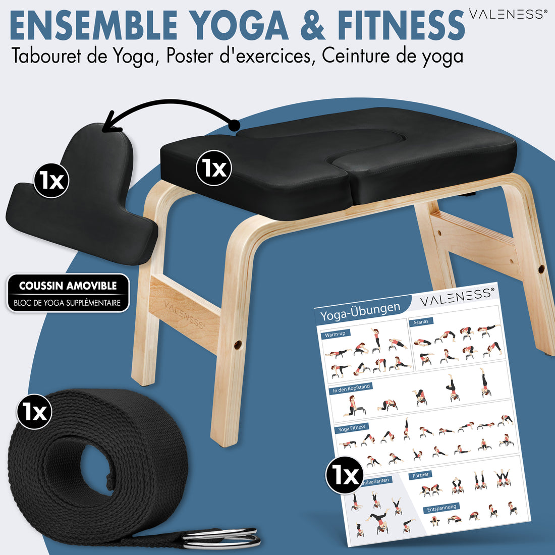 Lieferumfang Yoga- und Fitness-Set: Kopfstandhocker in Schwarz, entnehmbares Polster als zusätzlicher Yogablock, Yogagurt und Übungsposter