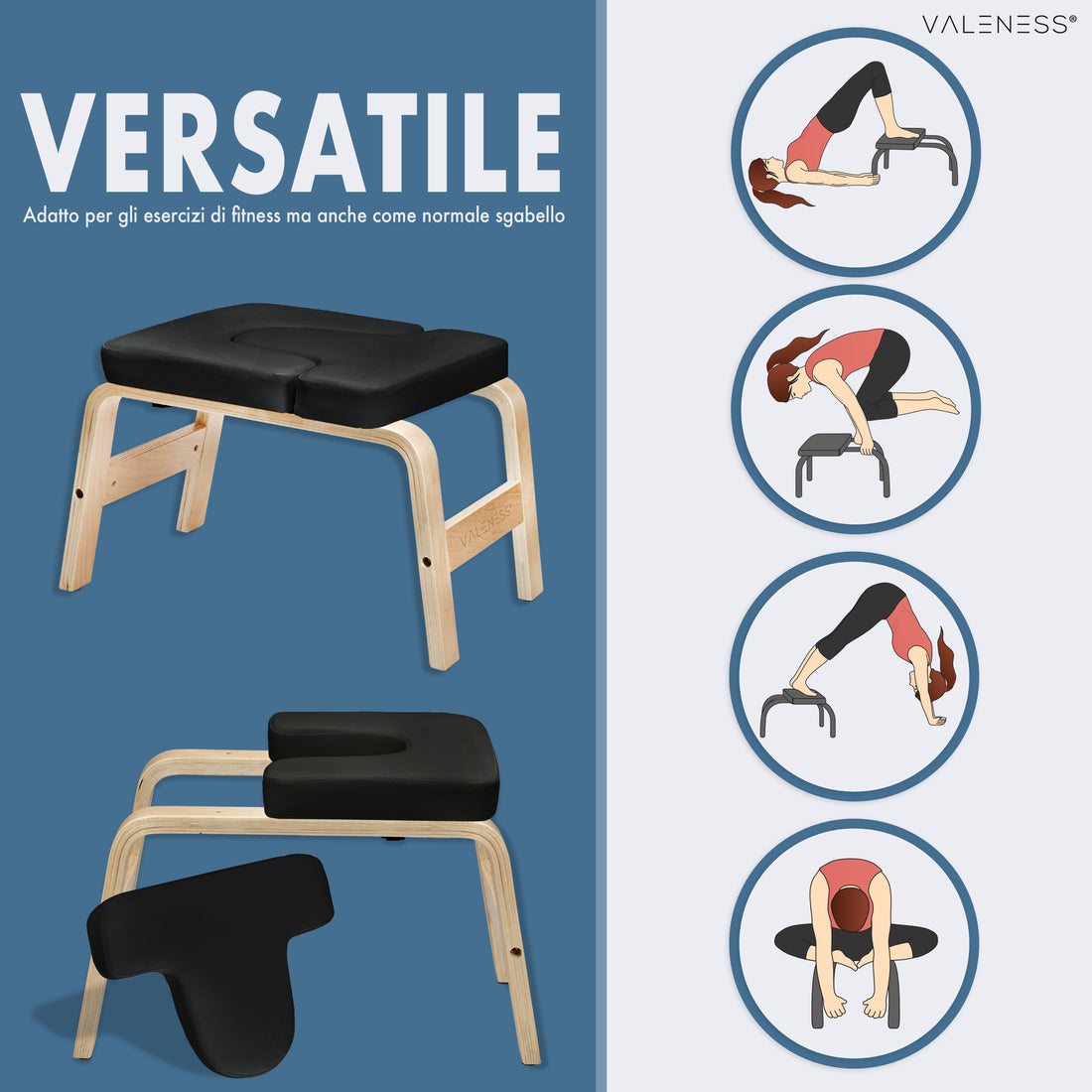 Vielseitig einsetzbar für Fitnessübungen und als normaler Hocker, mit vier Übungsbeispielen von Kopfstand bis Dehnung