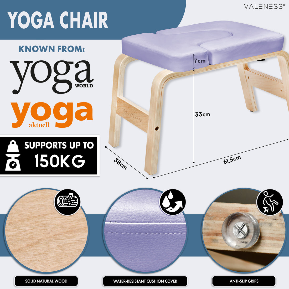 Maße des Yoga-Kopfstandhockers: 61,5 cm lang, 36 cm breit, 33 cm hoch, Polster 7 cm stark, belastbar bis 150 kg — massives Naturholz, wasserfester Polsterbezug in Violett und Anti-Rutsch-Noppen