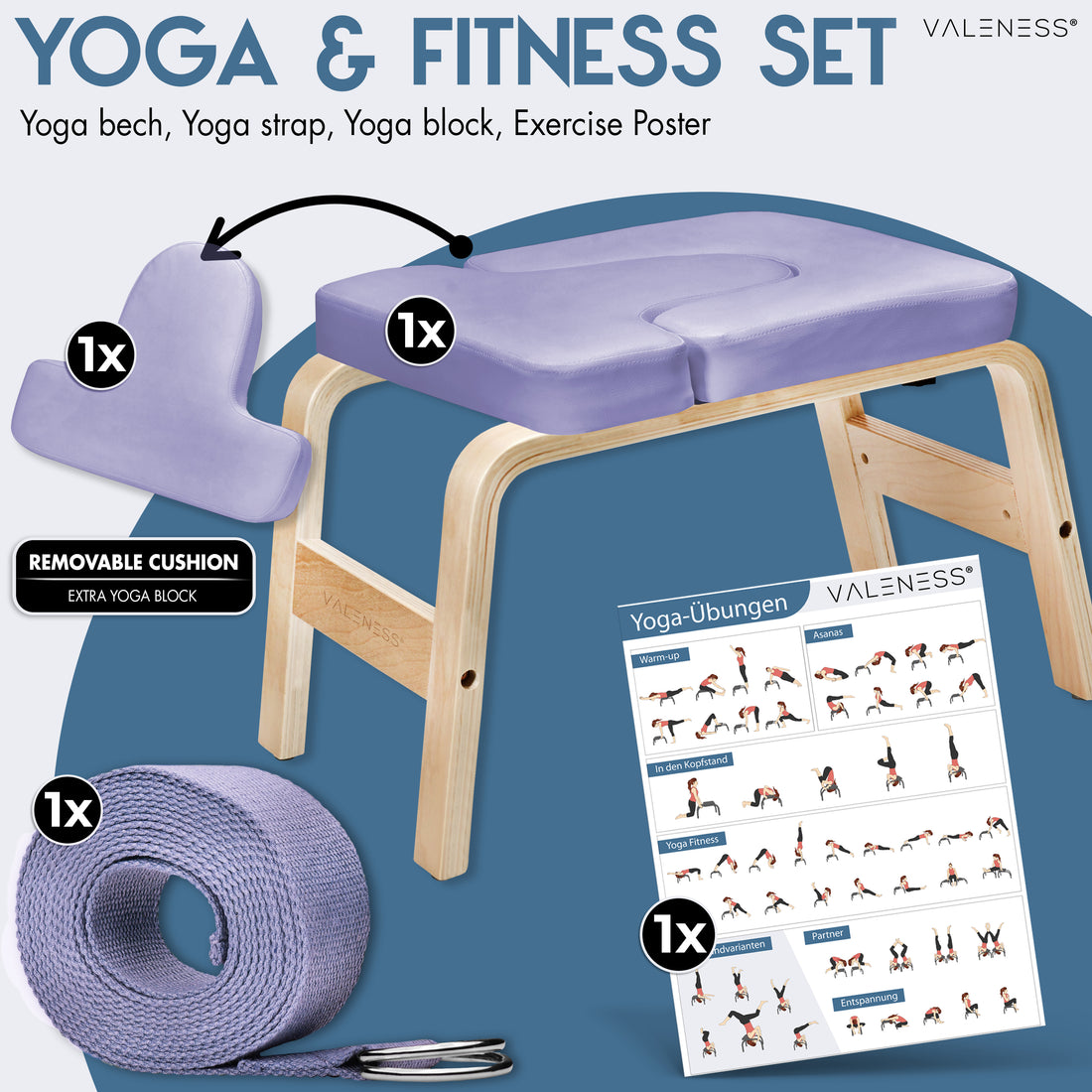 Lieferumfang Yoga- und Fitness-Set: Kopfstandhocker in Violett, entnehmbares Polster als zusätzlicher Yogablock, Yogagurt und Übungsposter