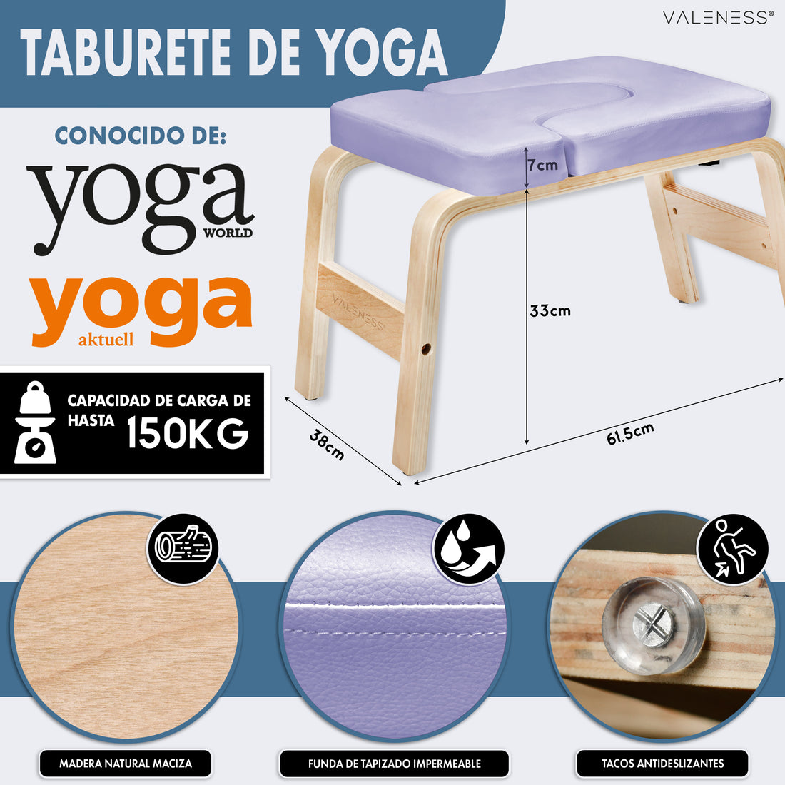Maße des Yoga-Kopfstandhockers: 61,5 cm lang, 36 cm breit, 33 cm hoch, Polster 7 cm stark, belastbar bis 150 kg — massives Naturholz, wasserfester Polsterbezug in Violett und Anti-Rutsch-Noppen