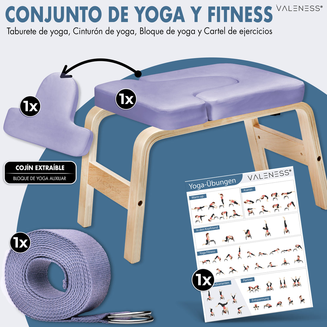 Lieferumfang Yoga- und Fitness-Set: Kopfstandhocker in Violett, entnehmbares Polster als zusätzlicher Yogablock, Yogagurt und Übungsposter