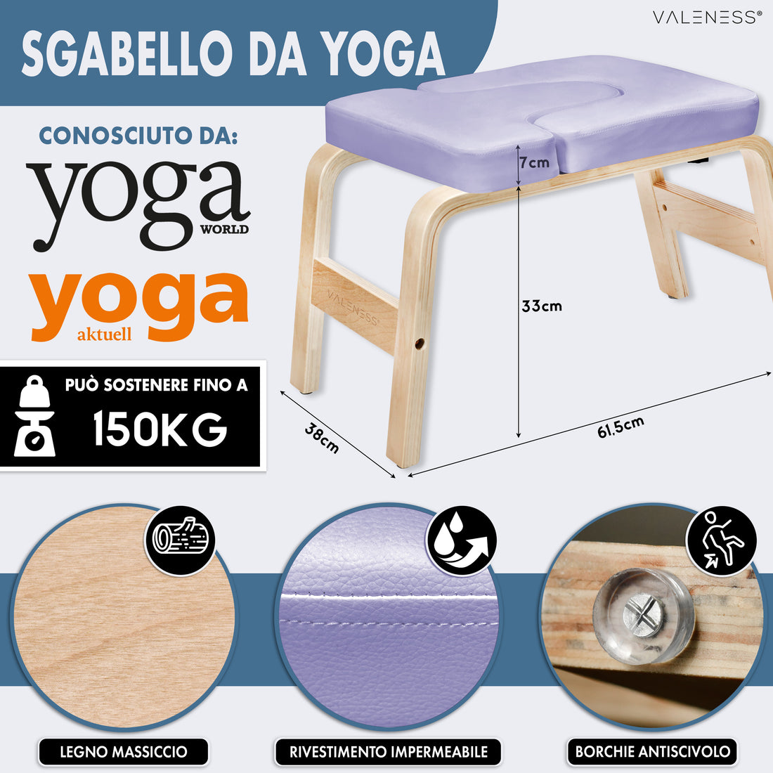Maße des Yoga-Kopfstandhockers: 61,5 cm lang, 36 cm breit, 33 cm hoch, Polster 7 cm stark, belastbar bis 150 kg — massives Naturholz, wasserfester Polsterbezug in Violett und Anti-Rutsch-Noppen
