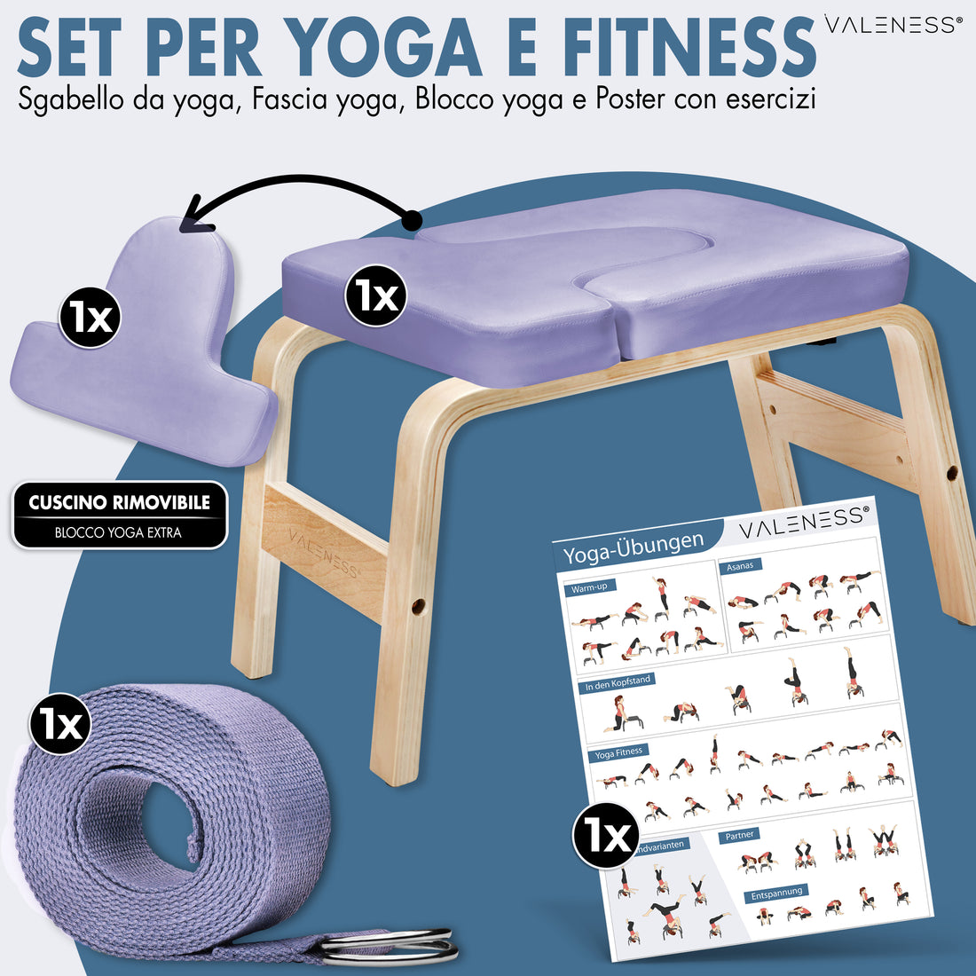 Lieferumfang Yoga- und Fitness-Set: Kopfstandhocker in Violett, entnehmbares Polster als zusätzlicher Yogablock, Yogagurt und Übungsposter