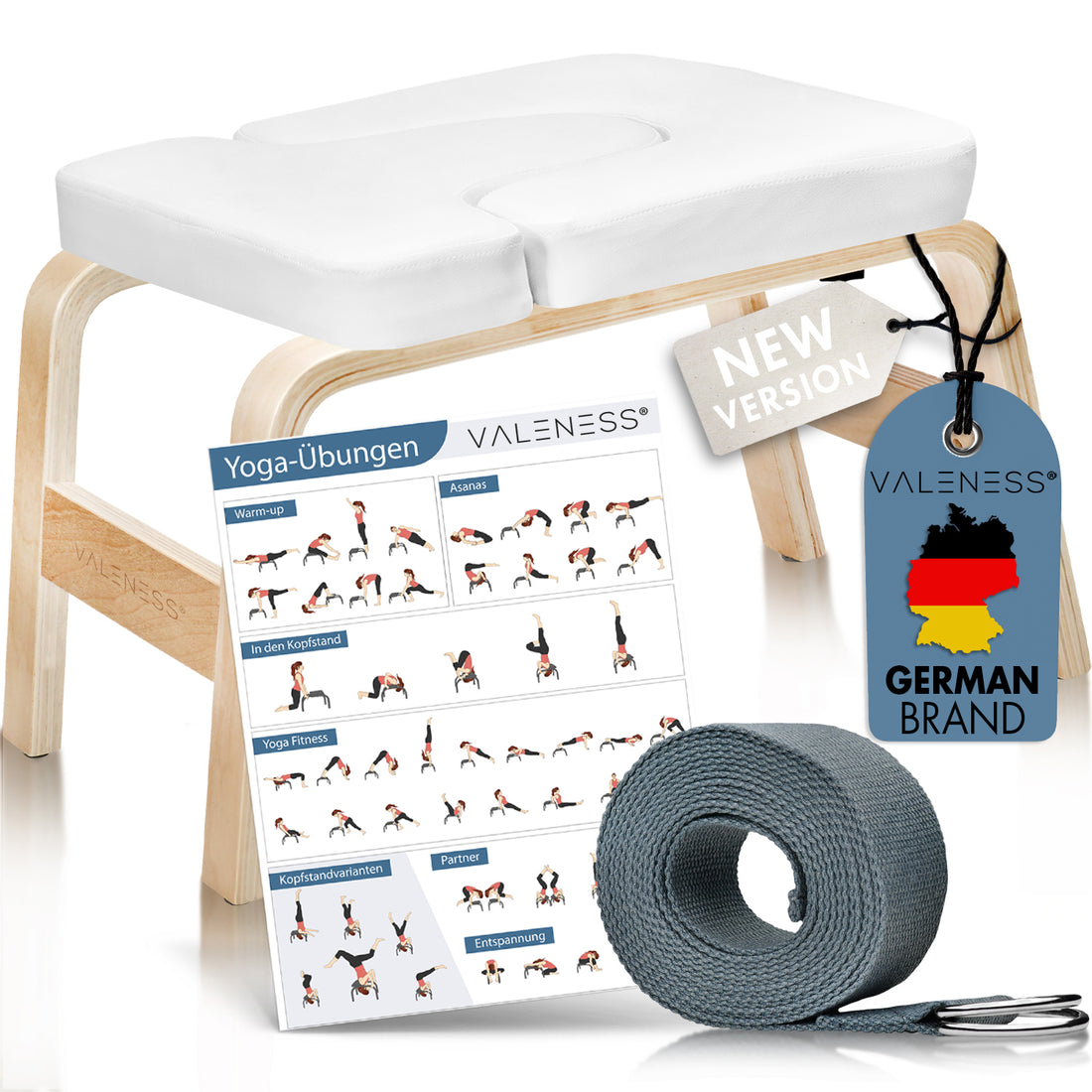 VALENESS Yoga-Kopfstandhocker aus Naturholz mit weißer Polsterung, Yogagurt und Übungsposter