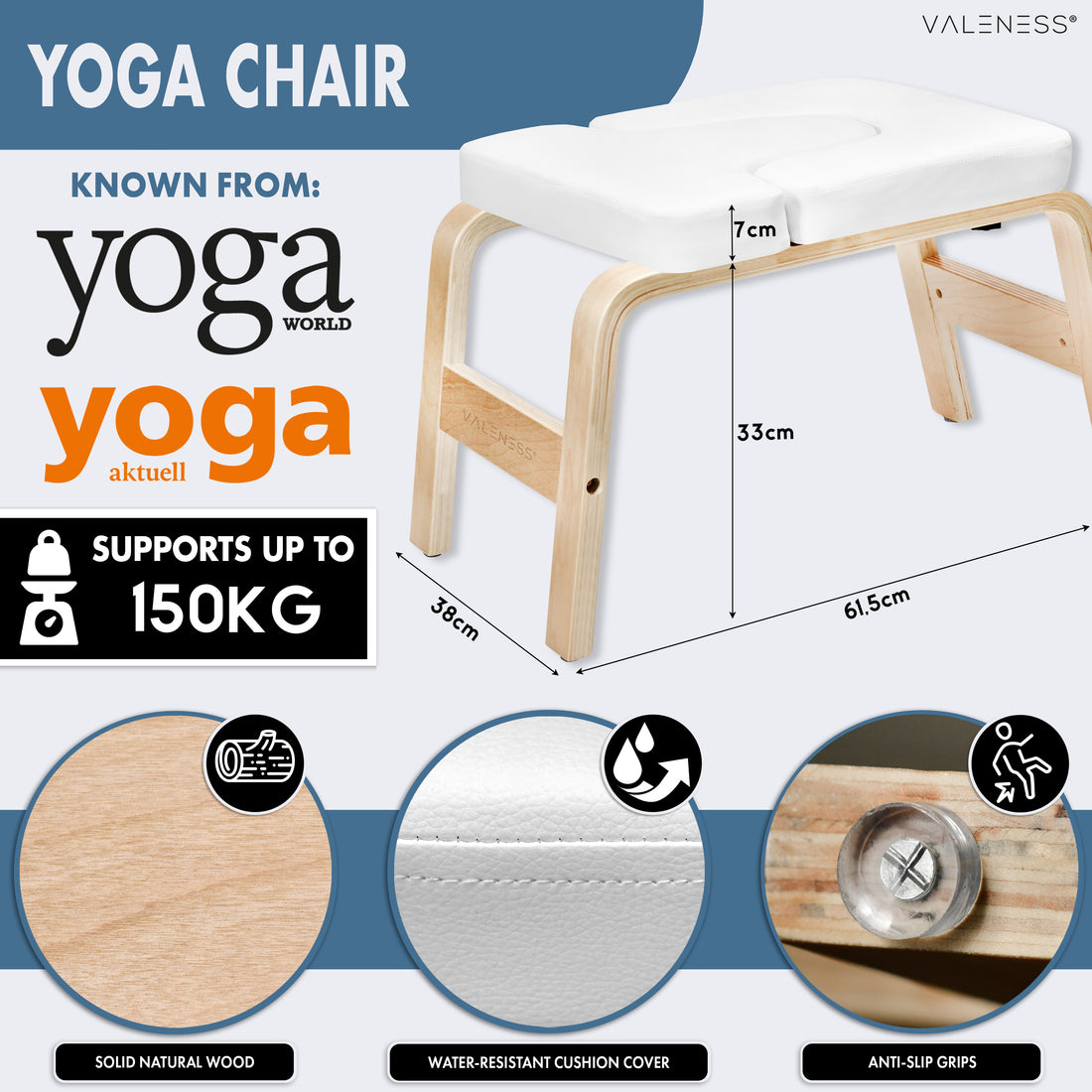 Maße des Yoga-Kopfstandhockers: 61,5 cm lang, 36 cm breit, 33 cm hoch, Polster 7 cm stark, belastbar bis 150 kg — massives Naturholz, wasserfester Polsterbezug in Weiß und Anti-Rutsch-Noppen