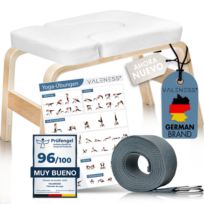 VALENESS Yoga-Kopfstandhocker aus Naturholz mit weißer Polsterung, Yogagurt und Übungsposter