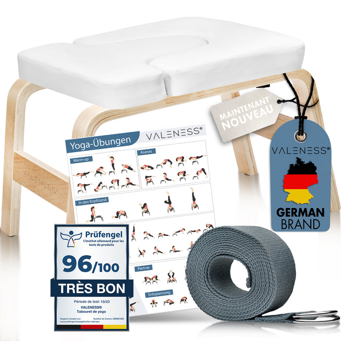 VALENESS Yoga-Kopfstandhocker aus Naturholz mit weißer Polsterung, Yogagurt und Übungsposter