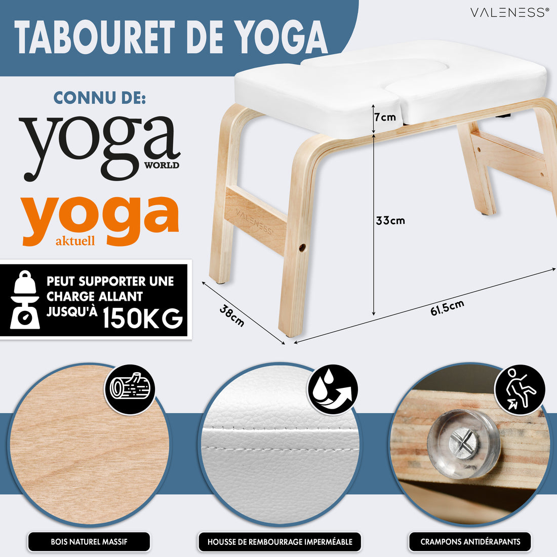 Maße des Yoga-Kopfstandhockers: 61,5 cm lang, 36 cm breit, 33 cm hoch, Polster 7 cm stark, belastbar bis 150 kg — massives Naturholz, wasserfester Polsterbezug in Weiß und Anti-Rutsch-Noppen