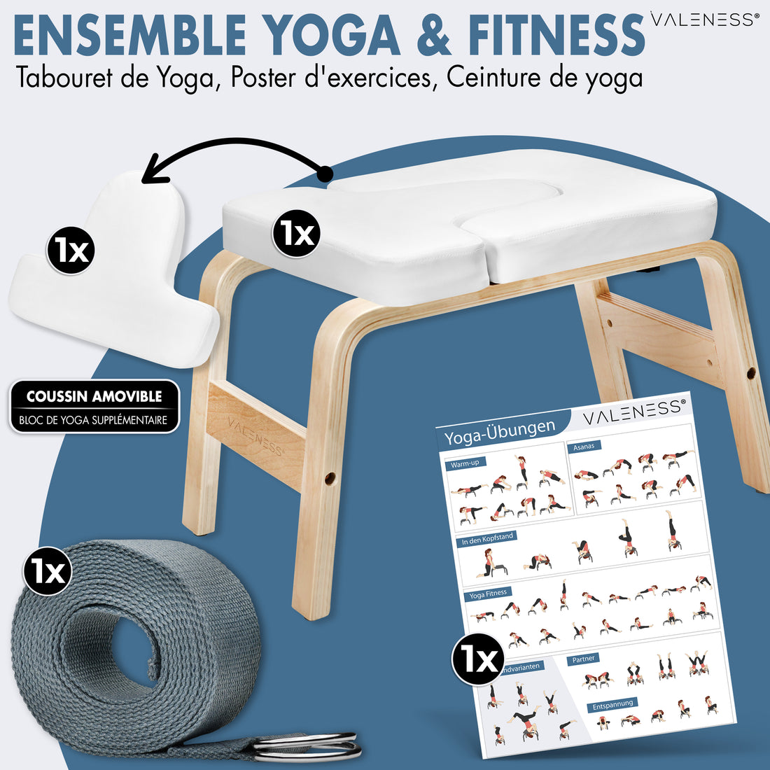 Lieferumfang Yoga- und Fitness-Set: Kopfstandhocker in Weiß, entnehmbares Polster als zusätzlicher Yogablock, Yogagurt und Übungsposter