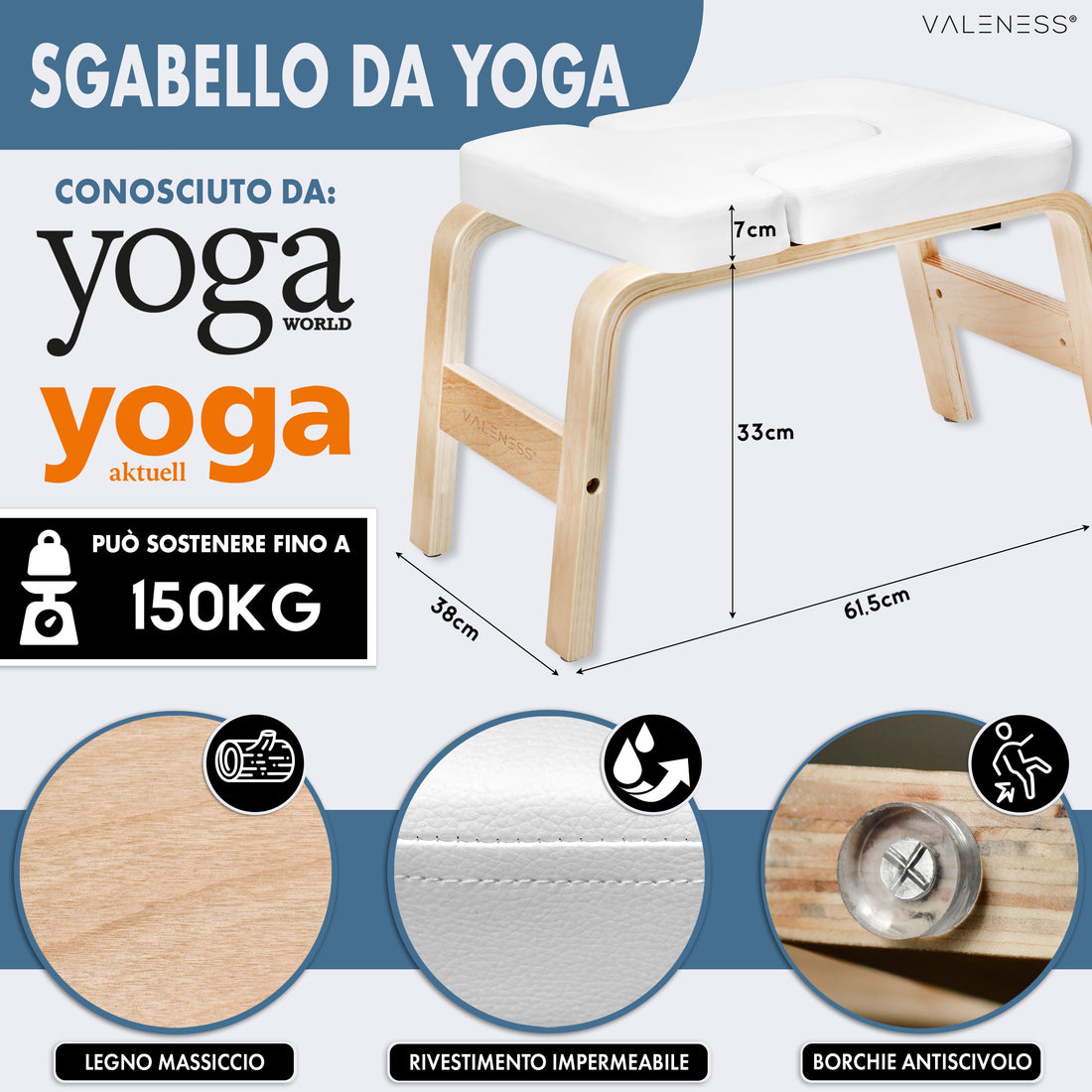Maße des Yoga-Kopfstandhockers: 61,5 cm lang, 36 cm breit, 33 cm hoch, Polster 7 cm stark, belastbar bis 150 kg — massives Naturholz, wasserfester Polsterbezug in Weiß und Anti-Rutsch-Noppen
