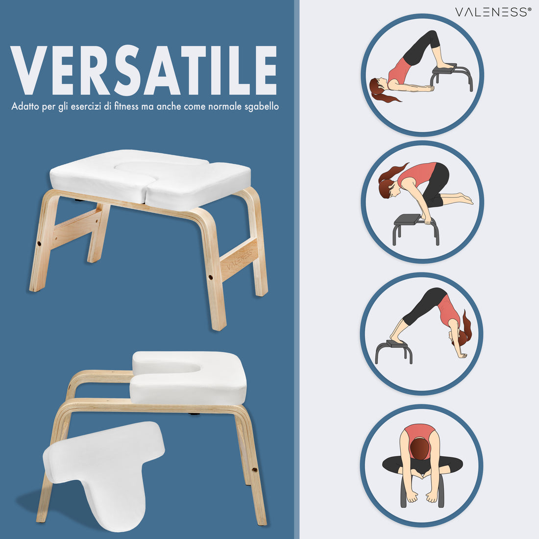 Vielseitig einsetzbar für Fitnessübungen und als normaler Hocker, mit vier Übungsbeispielen von Kopfstand bis Dehnung