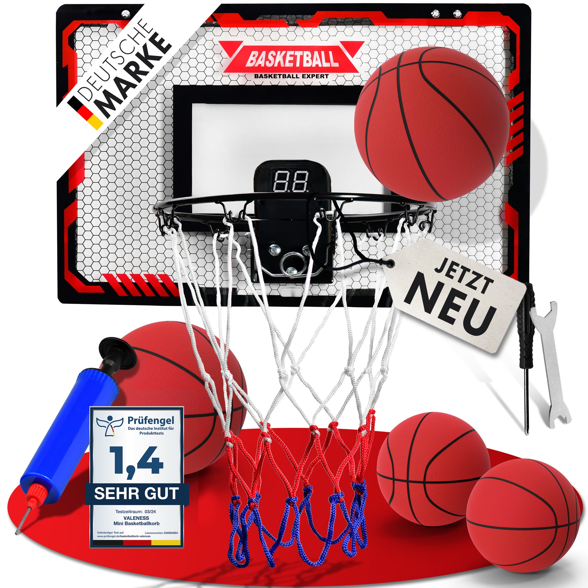VALENESS® Mini Basketballkorb Indoor [für Tür & Wandmontage] - Kleiner Basketball Korb mit Dunk-Funktion, 4 Bällen, Pumpe & Befestigungszubehör - für Kinder & Erwachsene (Mit Counter)