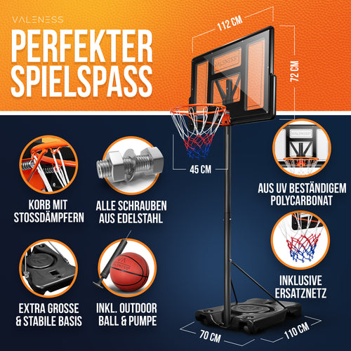 VALENESS® Basketballkorb Outdoor - [135 bis 305 cm] Höhenverstellbarer und Wetterfester Ständer - Profi Korb Mit Basketball und Pumpe für Kinder und Erwachsene