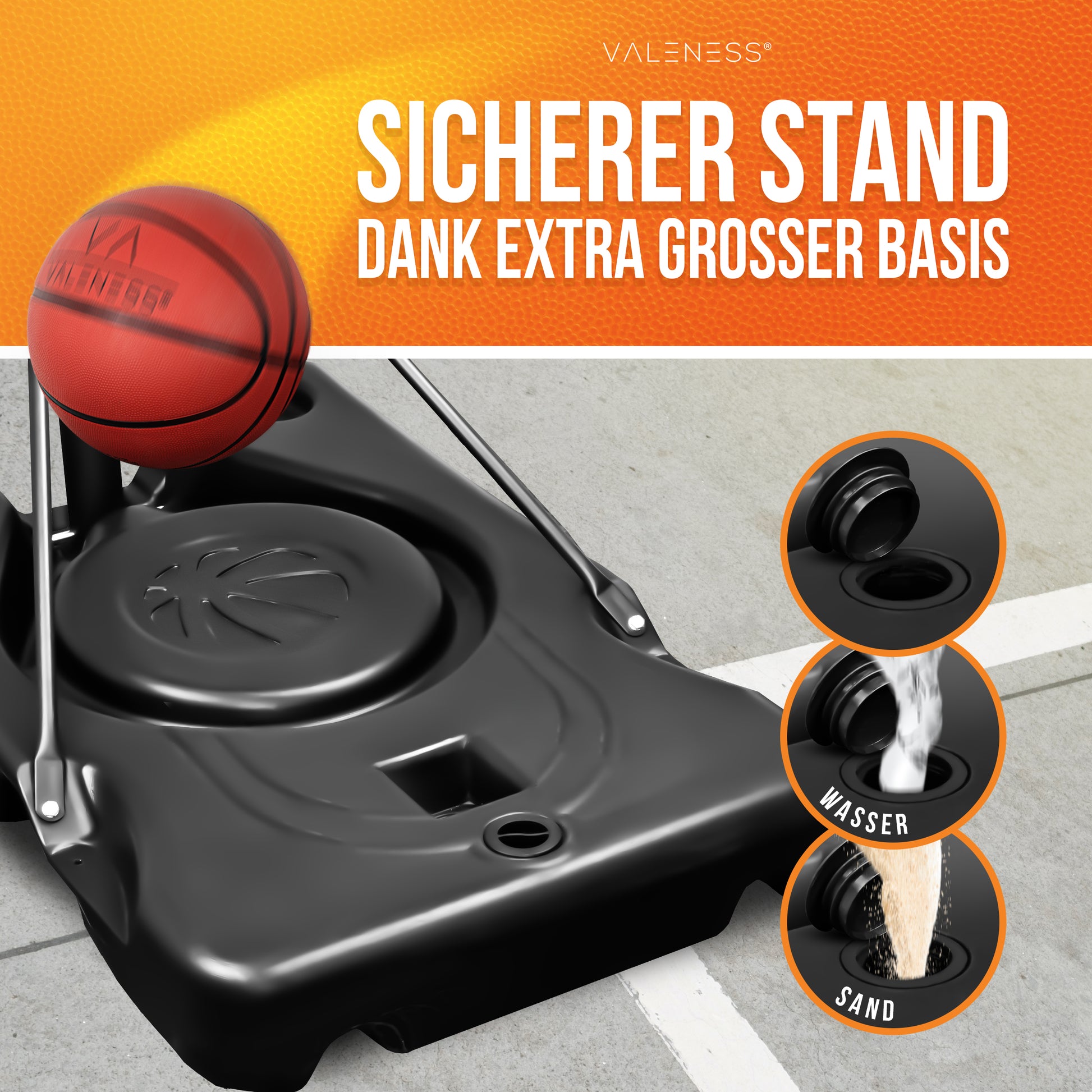 VALENESS® Basketballkorb Outdoor - [135 bis 305 cm] Höhenverstellbarer und Wetterfester Ständer - Profi Korb Mit Basketball und Pumpe für Kinder und Erwachsene