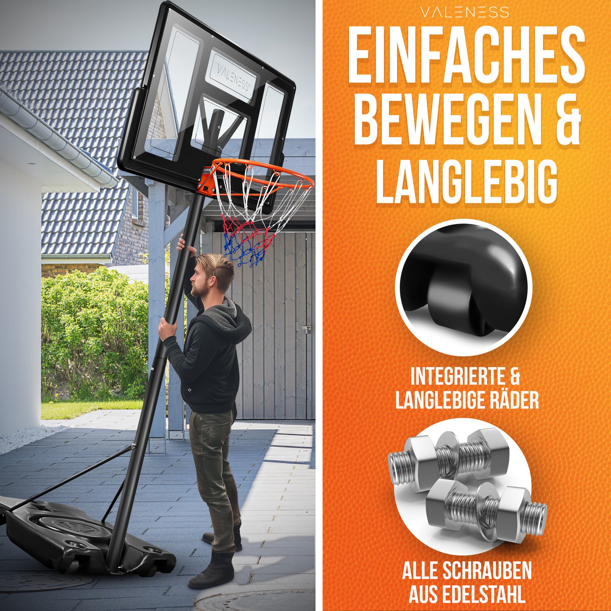 VALENESS® Basketballkorb Outdoor - [135 bis 305 cm] Höhenverstellbarer und Wetterfester Ständer - Profi Korb Mit Basketball und Pumpe für Kinder und Erwachsene