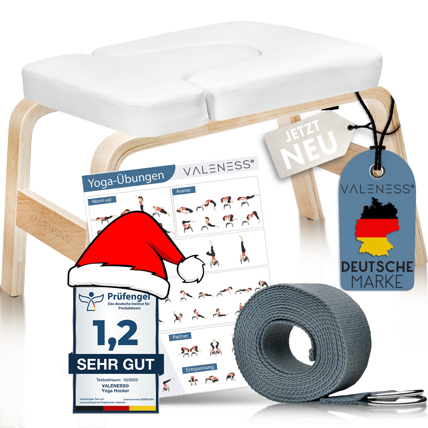 Yoga Kopfstandhocker - Hochwertiger Yoga Hocker inkl. Yogagurt, Yogablock & Übungsposter - Yoga Stuhl zur Handstand-Übung aus massivem Naturholz - Yoga Ausrüstung für Zuhause… (weiß)