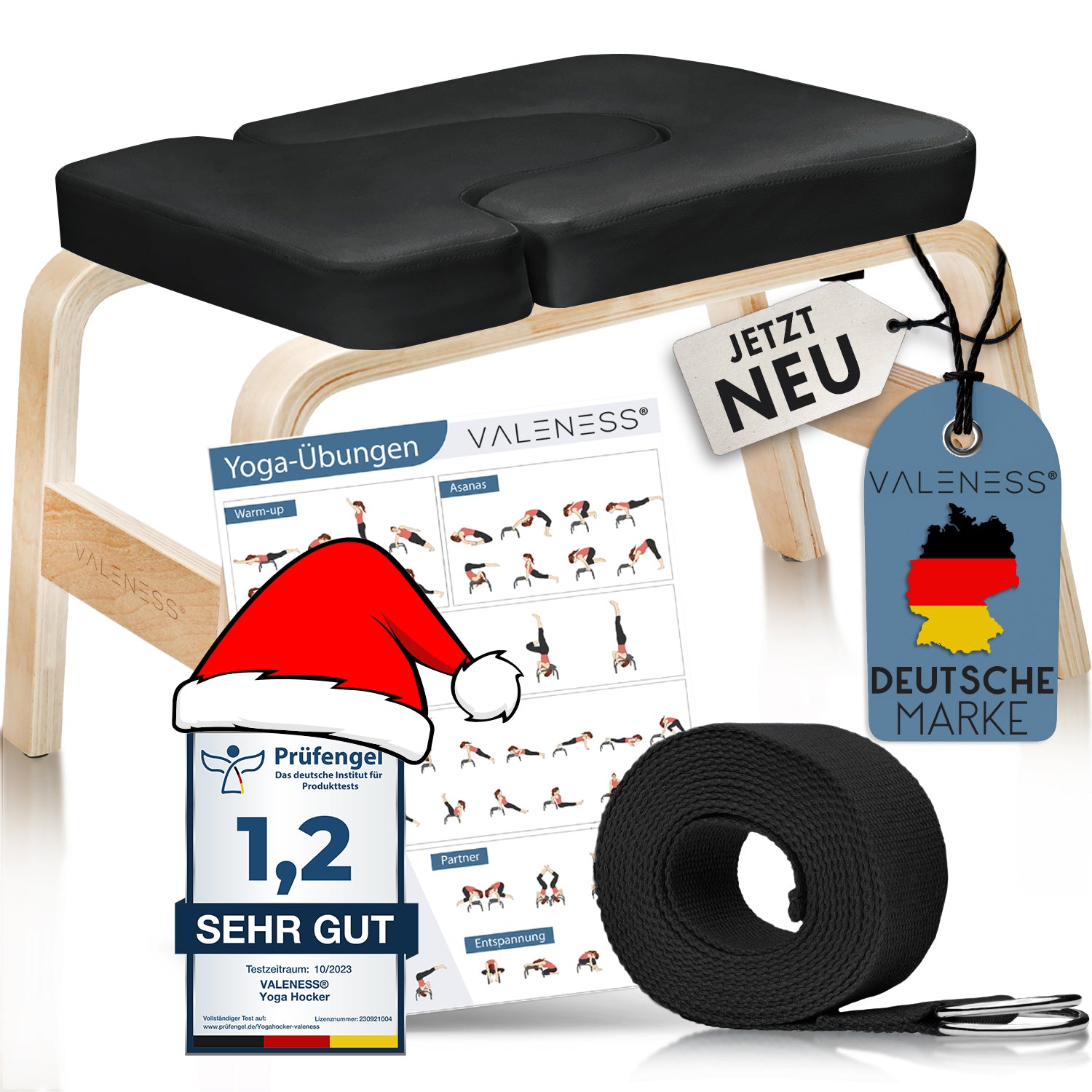 Yoga Kopfstandhocker - Hochwertiger Yoga Hocker inkl. Yogagurt, Yogablock & Übungsposter - Yoga Stuhl zur Handstand-Übung aus massivem Naturholz - Yoga Ausrüstung für Zuhause… (schwarz)