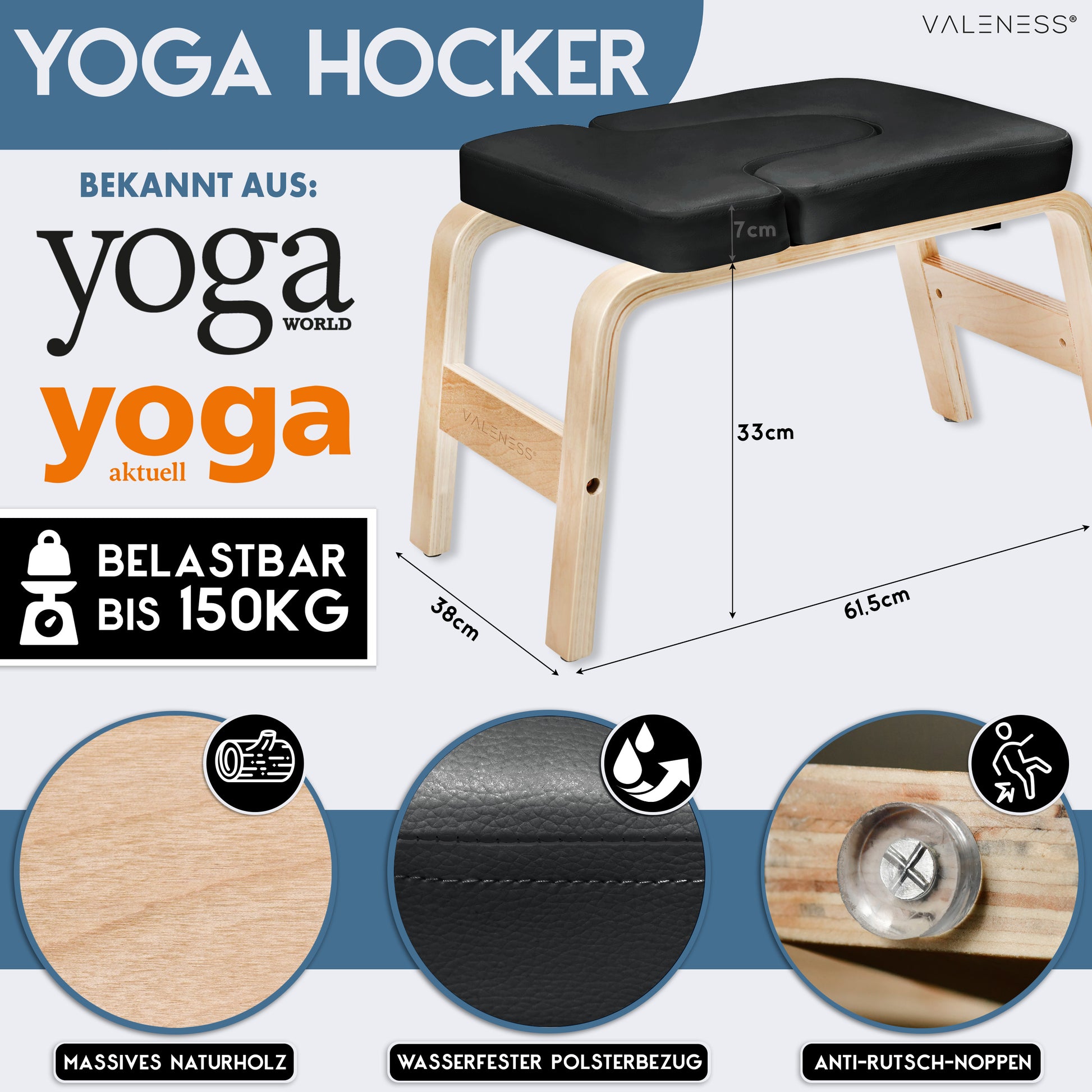 Yoga Kopfstandhocker - Hochwertiger Yoga Hocker inkl. Yogagurt, Yogablock & Übungsposter - Yoga Stuhl zur Handstand-Übung aus massivem Naturholz - Yoga Ausrüstung für Zuhause… (schwarz)