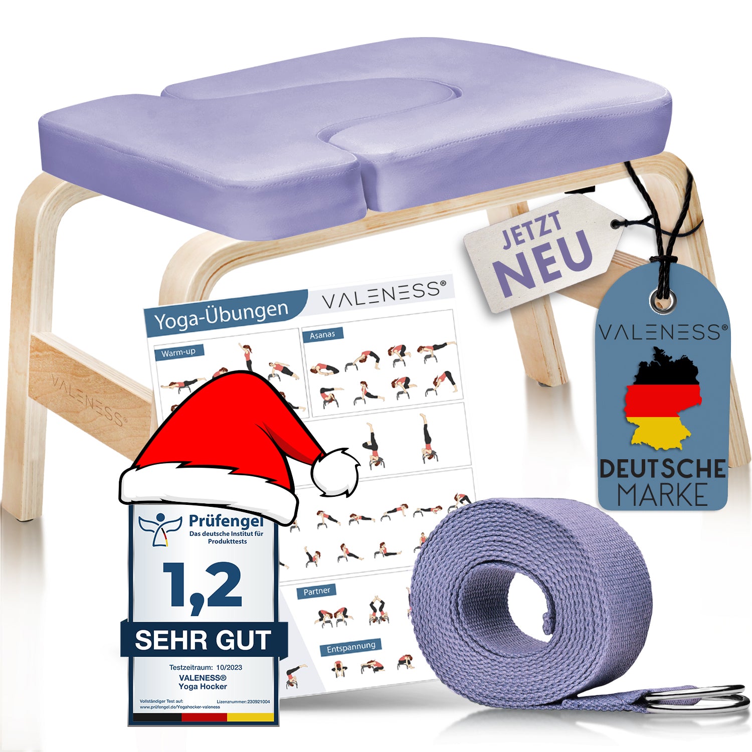 Yoga Kopfstandhocker - Hochwertiger Yoga Hocker inkl. Yogagurt, Yogablock & Übungsposter - Yoga Stuhl zur Handstand-Übung aus massivem Naturholz - Yoga Ausrüstung für Zuhause… (violet)