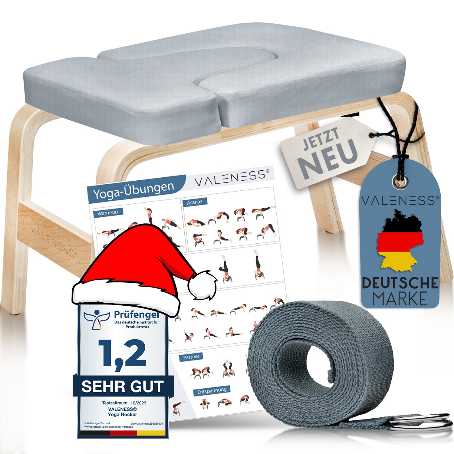 Yoga Kopfstandhocker - Hochwertiger Yoga Hocker inkl. Yogagurt, Yogablock & Übungsposter - Yoga Stuhl zur Handstand-Übung aus massivem Naturholz - Yoga Ausrüstung für Zuhause… (Grau textil)