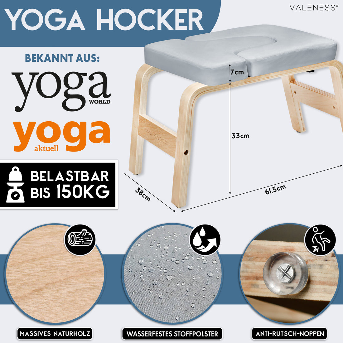 Maße des Yoga-Kopfstandhockers: 61,5 cm lang, 36 cm breit, 33 cm hoch, Polster 7 cm stark, belastbar bis 150 kg — massives Naturholz, Textilbezug in Grau und Anti-Rutsch-Noppen