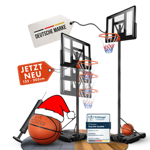 VALENESS® Basketballkorb Outdoor - [135 bis 305 cm] Höhenverstellbarer und Wetterfester Ständer - Profi Korb Mit Basketball und Pumpe für Kinder und Erwachsene