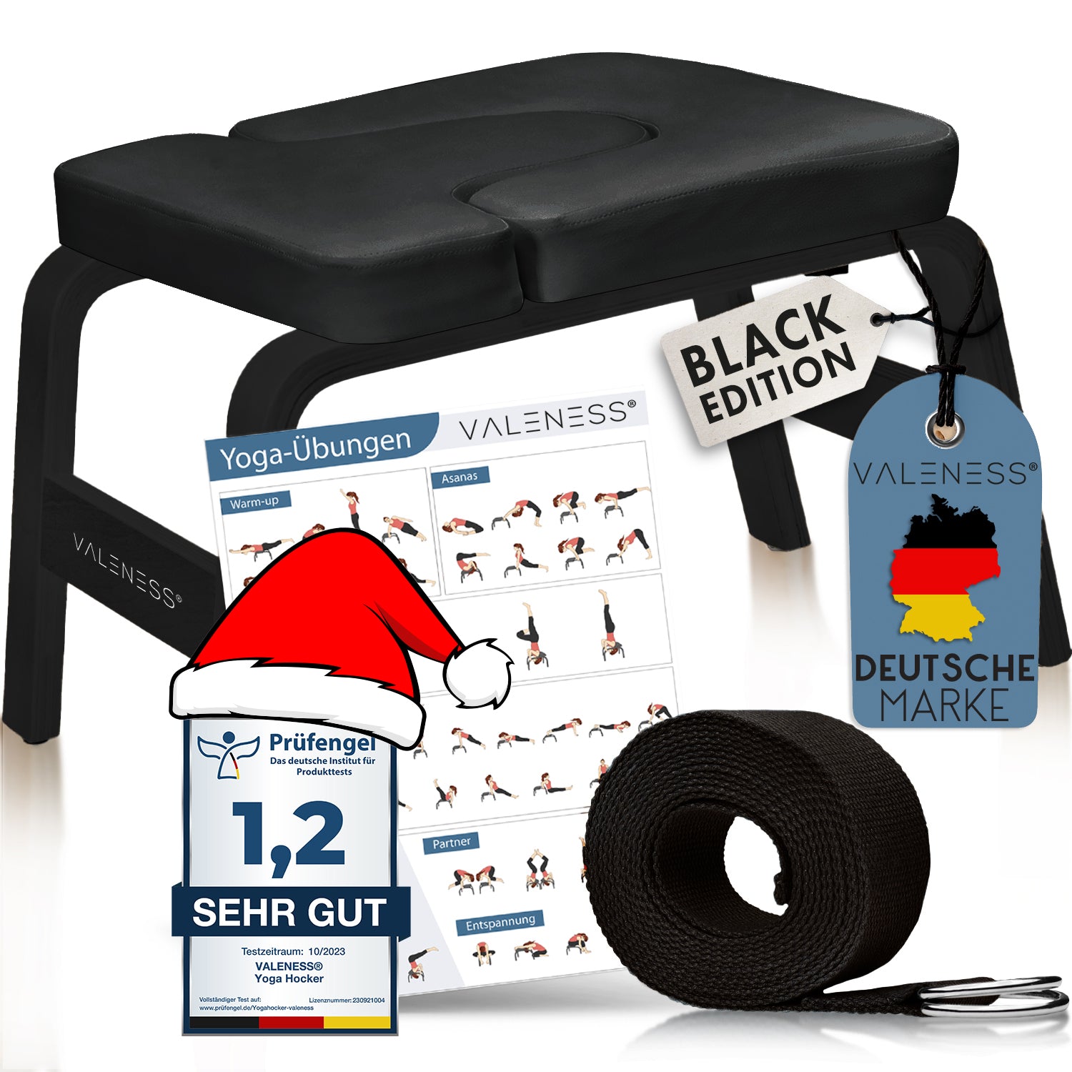 Yoga Kopfstandhocker - Hochwertiger Yoga Hocker inkl. Yogagurt, Yogablock & Übungsposter - Yoga Stuhl zur Handstand-Übung aus massivem Naturholz - Yoga Ausrüstung für Zuhause… (Black Edition)