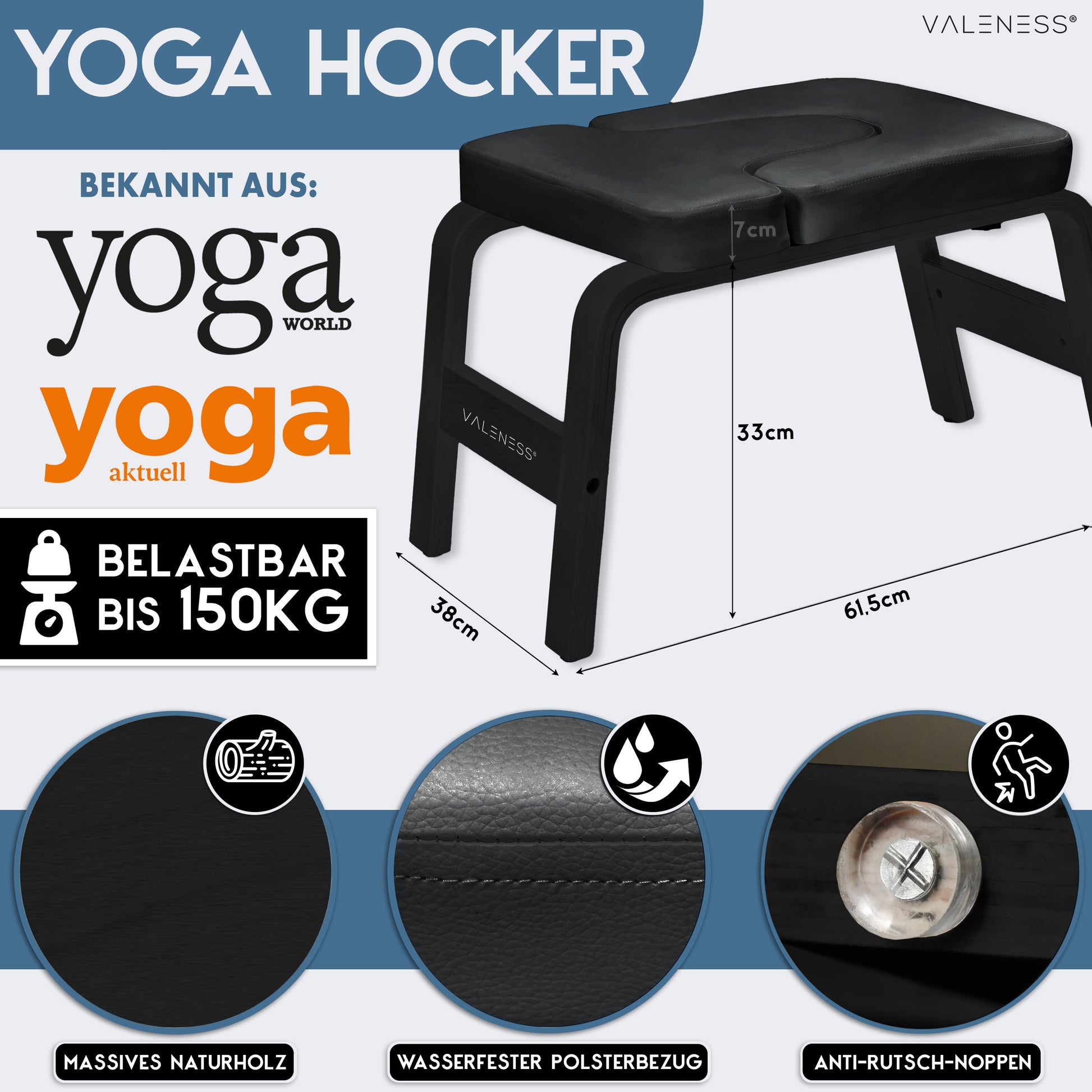 Yoga Kopfstandhocker - Hochwertiger Yoga Hocker inkl. Yogagurt, Yogablock & Übungsposter - Yoga Stuhl zur Handstand-Übung aus massivem Naturholz - Yoga Ausrüstung für Zuhause… (Black Edition)