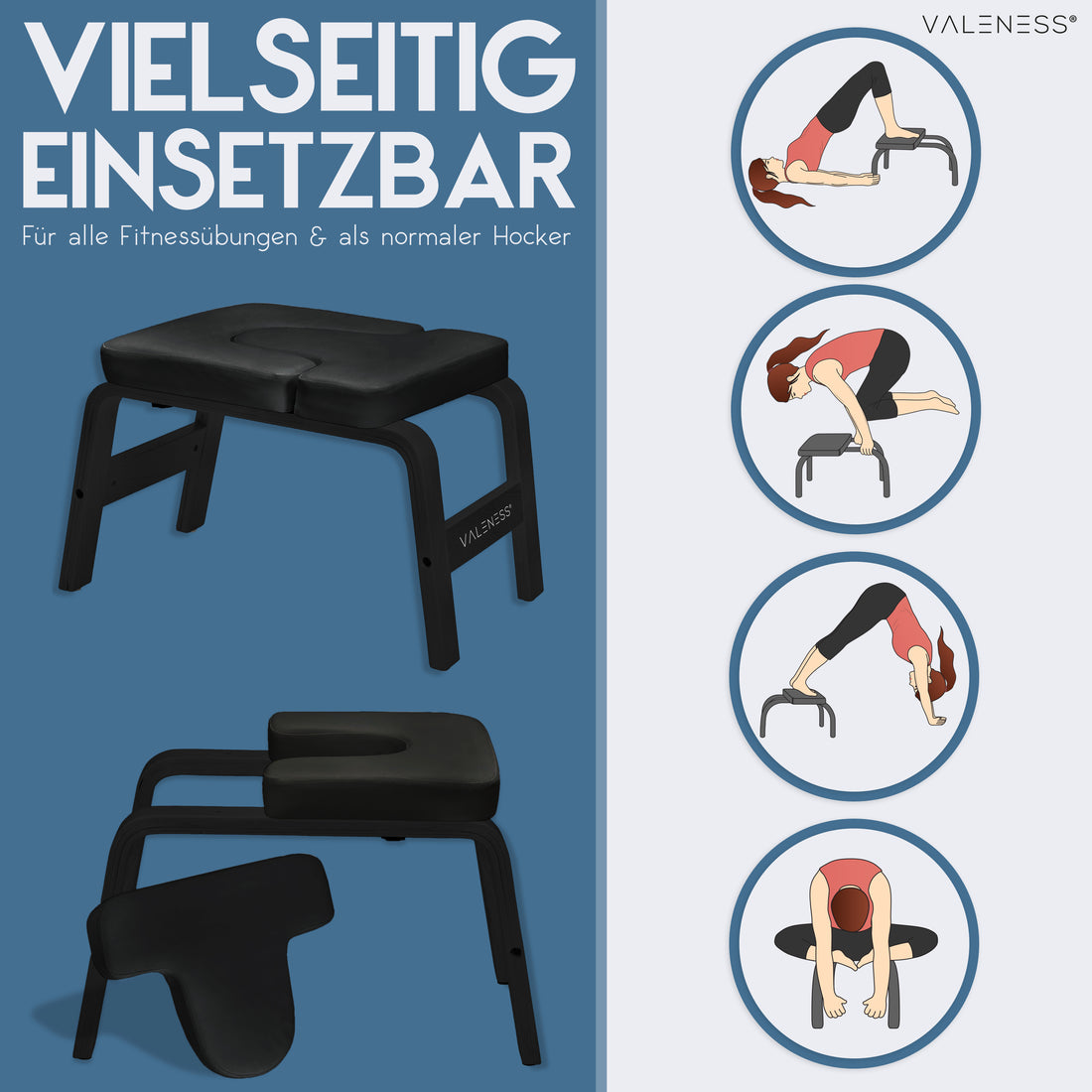 Vielseitig einsetzbar für Fitnessübungen und als normaler Hocker, mit vier Übungsbeispielen von Kopfstand bis Dehnung