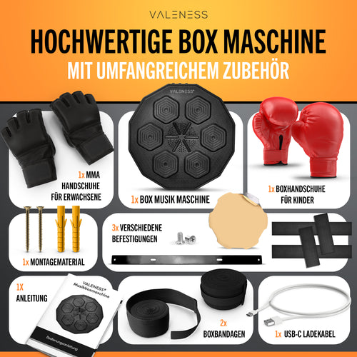 VALENESS® Musik Box Maschine – Smart Music Boxing Machine – Boxmaschine mit Musik & LED, Boxautomat, Box für die Wand inkl. Boxhandschuhen – Ideales Boxtraining zuhause für Kinder und Erwachsene Automatik