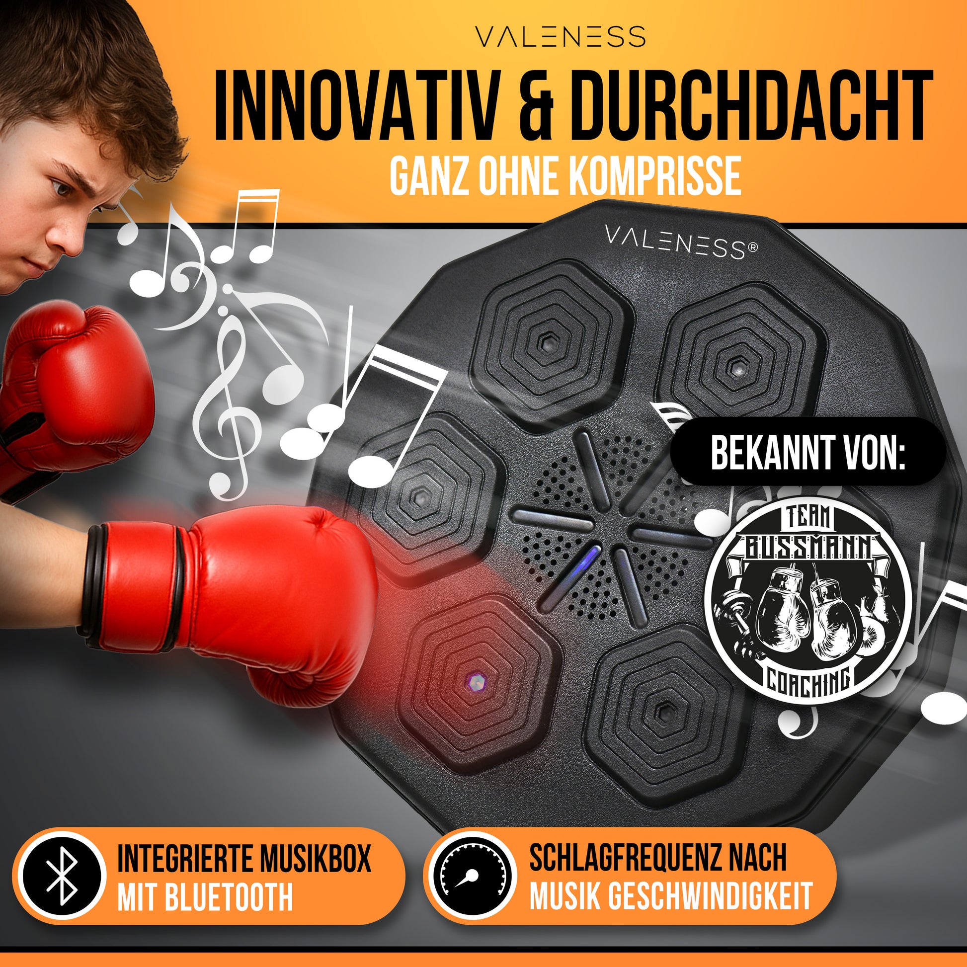 VALENESS® Musik Box Maschine – Smart Music Boxing Machine – Boxmaschine mit Musik & LED, Boxautomat, Box für die Wand inkl. Boxhandschuhen – Ideales Boxtraining zuhause für Kinder und Erwachsene Automatik