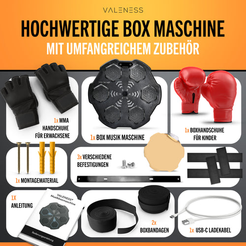 VALENESS® Musik Box Maschine – Smart Music Boxing Machine – Boxmaschine mit Musik & LED, Boxautomat, Box für die Wand inkl. Boxhandschuhen – Ideales Boxtraining zuhause für Kinder und Erwachsene Manuell