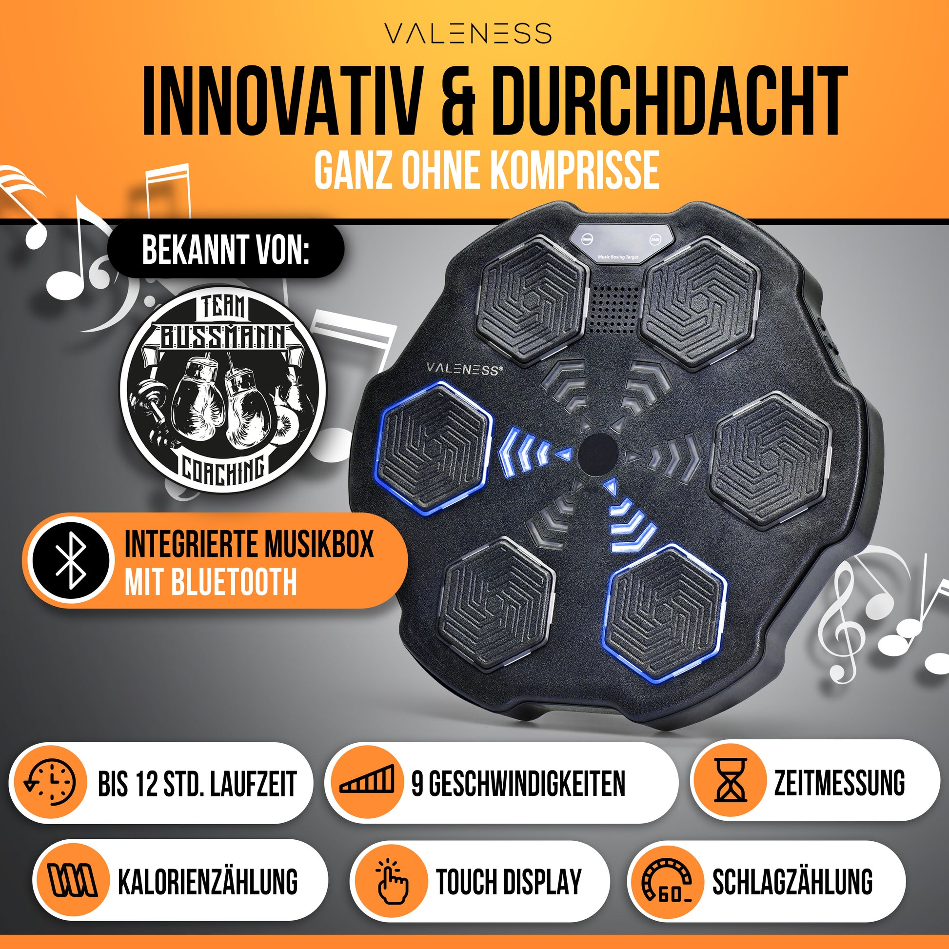 VALENESS® Musik Box Maschine – Smart Music Boxing Machine – Boxmaschine mit Musik & LED, Boxautomat, Box für die Wand inkl. Boxhandschuhen – Ideales Boxtraining zuhause für Kinder und Erwachsene Manuell
