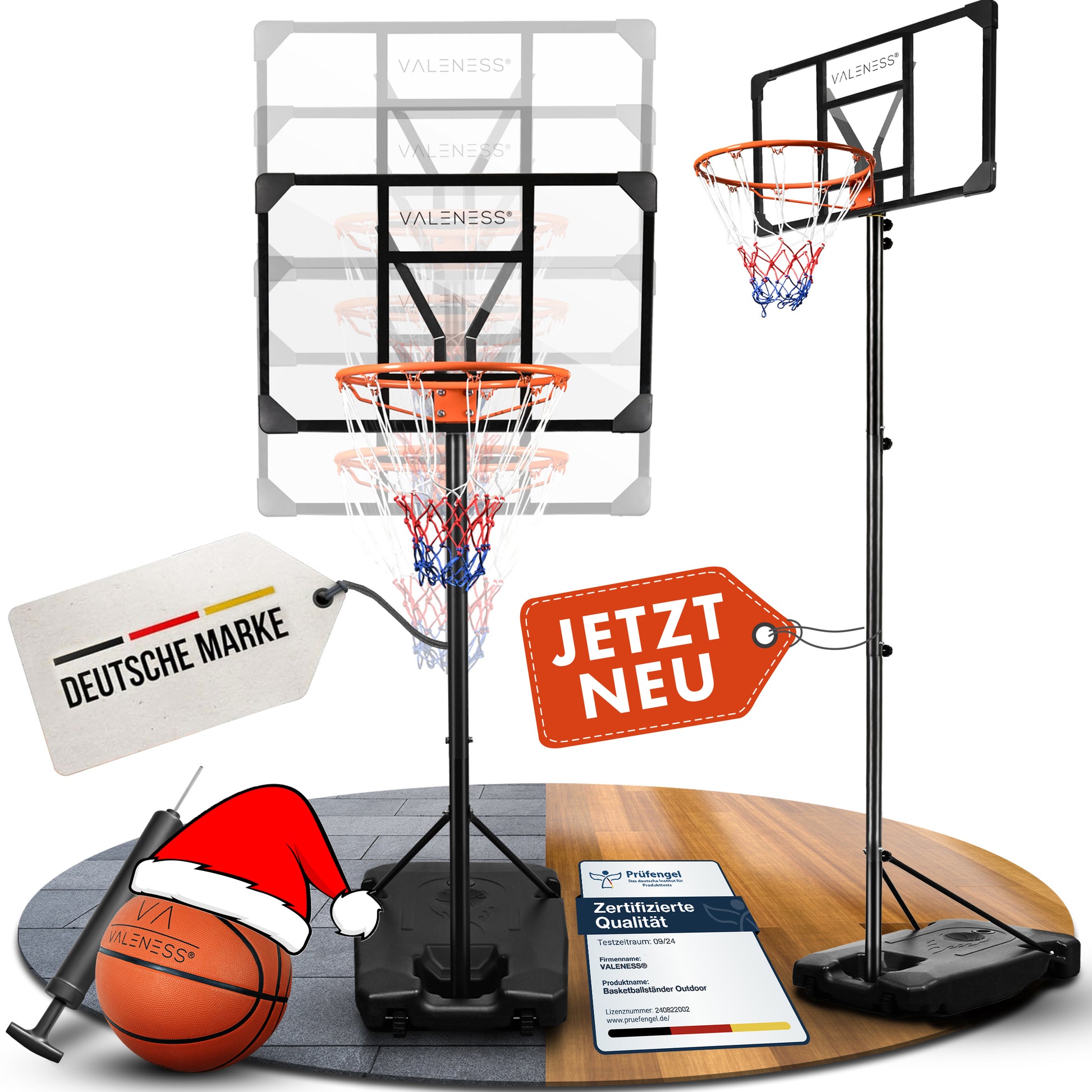 VALENESS® Basketballkorb Outdoor - [147 bis 260 cm] Höhenverstellbarer und Wetterfester Ständer - Profi Korb Mit Basketball und Pumpe für Kinder, Jugendliche und Erwachsene (Jugendliche)