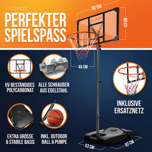 VALENESS® Basketballkorb Outdoor - [147 bis 260 cm] Höhenverstellbarer und Wetterfester Ständer - Profi Korb Mit Basketball und Pumpe für Kinder, Jugendliche und Erwachsene (Jugendliche)