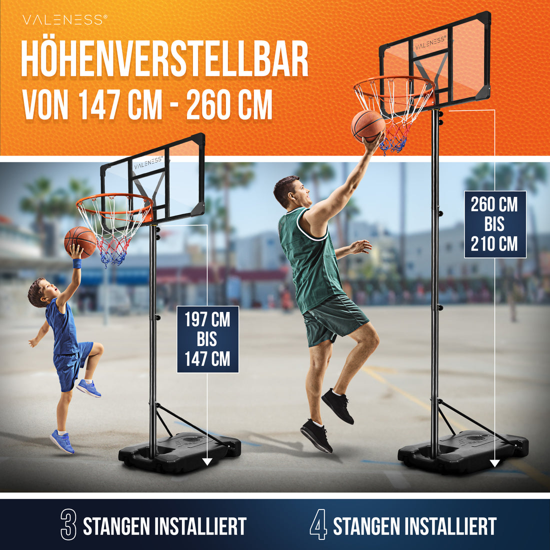 Höhenverstellung von 147 bis 260 cm: Kind spielt auf 147 bis 197 cm, Jugendlicher dunkt auf 210 bis 260 cm — je nach Anzahl der installierten Stangen