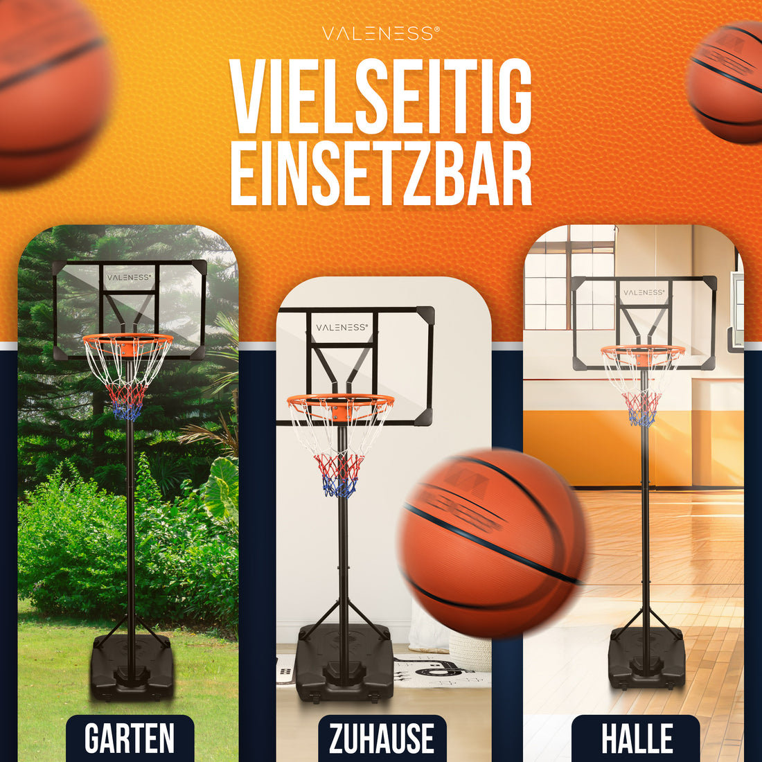 Der Ständer im Einsatz in Garten, Wohnraum und Sporthalle